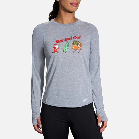 Brooks Gray graphic Long Sleeve Run Merry Go Distance Top quick drying medium - Picture 11 of 11